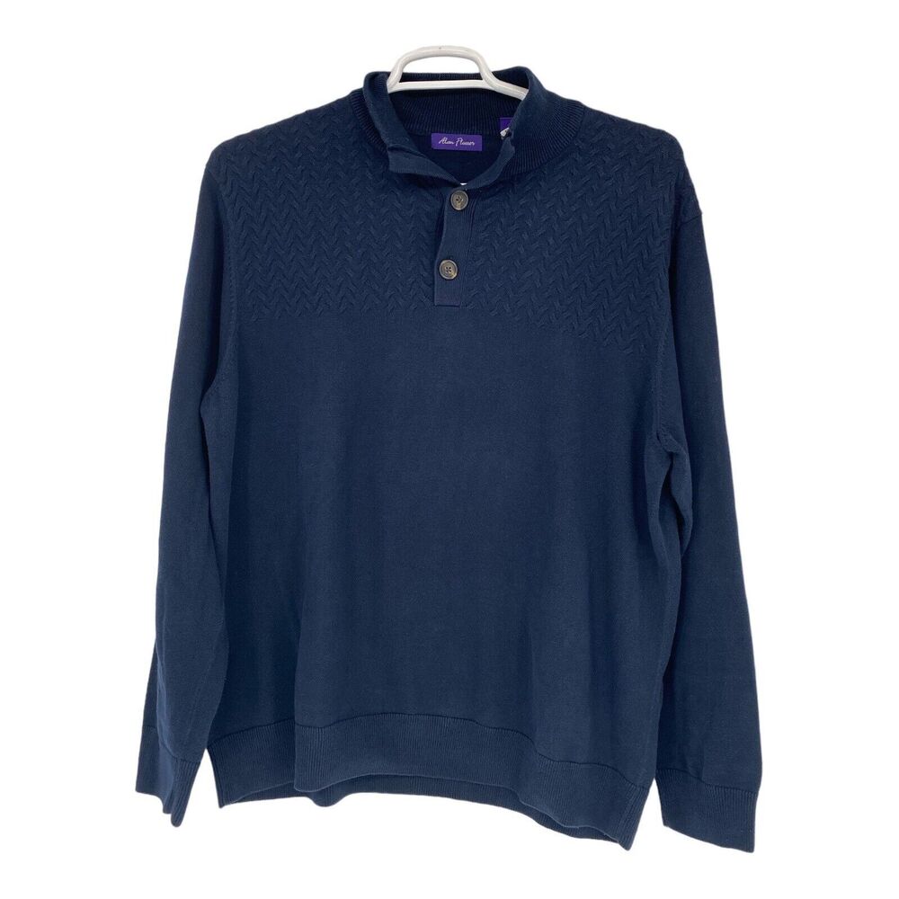 Alan Flusser Sweater Men's Size 1/4 Button Up Blue Cotton‎ Pullover XL